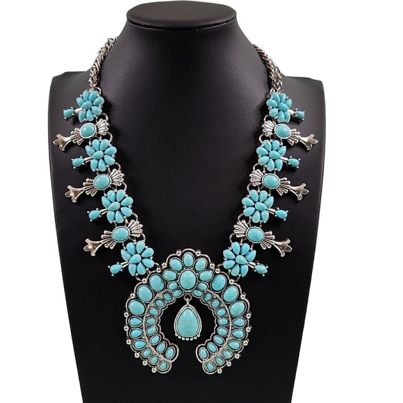 Jewelry - Southwestern Style Faux Turquoise Silver-tone Squash Blossom Necklace